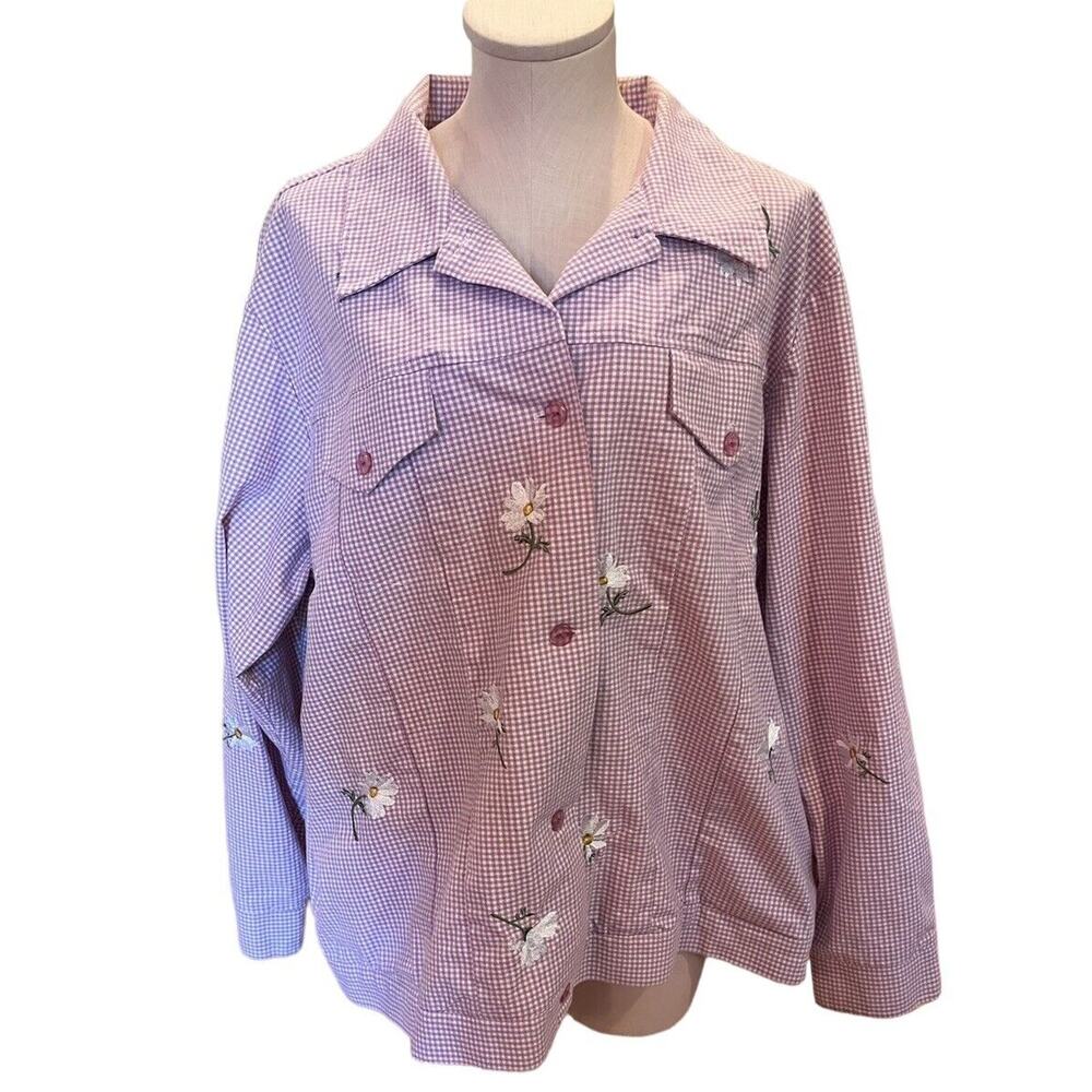 Quacker Factory Sz 1X Gingham Daisies Purple Plaid Embroidered Check Jacket